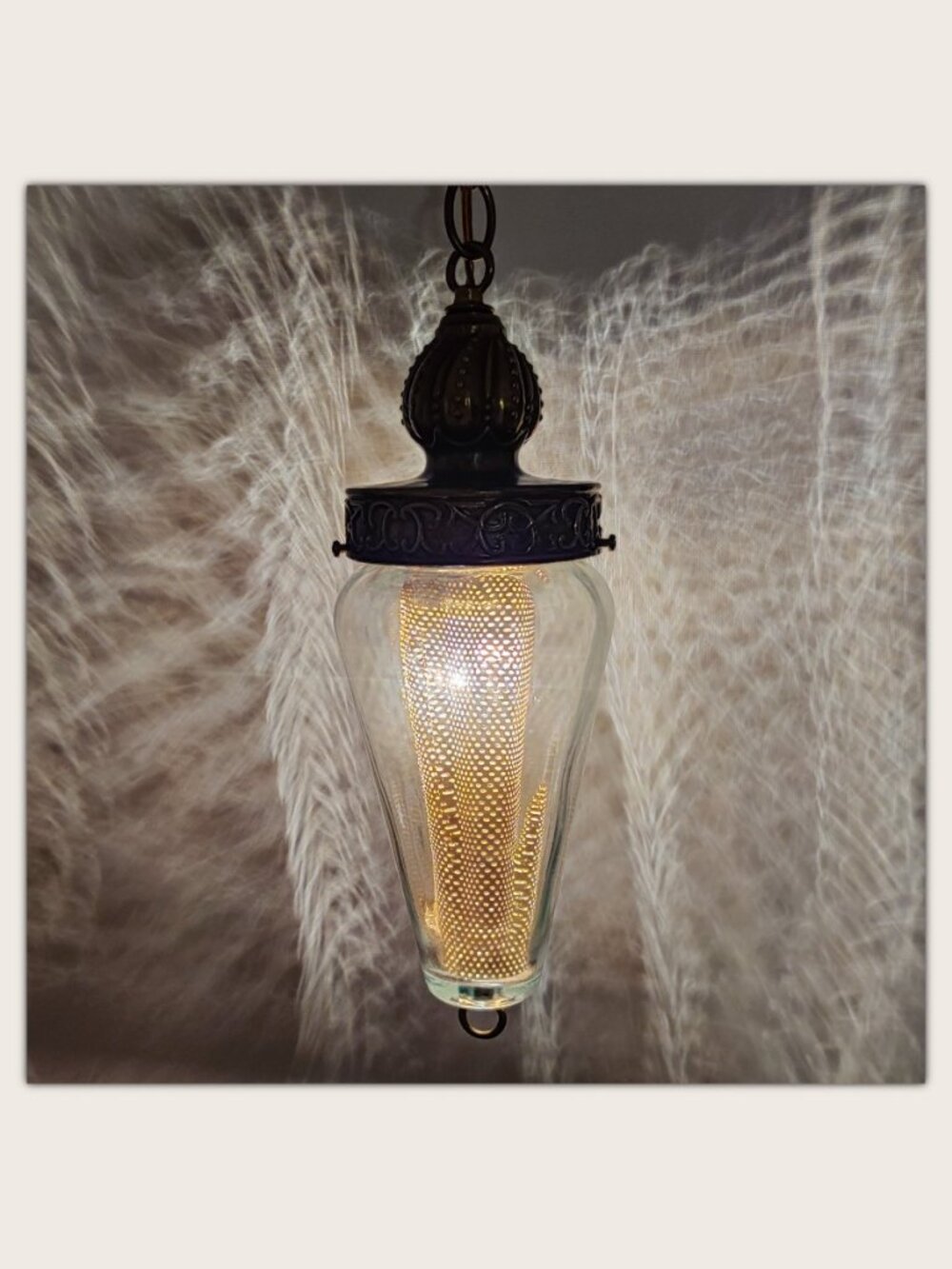 Vintage MCM Swag Lamp w/ Light Diffuser Clear Glass & Brass Tone Metal - Plug-In - Picture 2 of 12